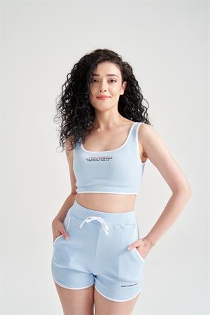 Kadın Crop Büstiyerli Pijama Takımı Mavi