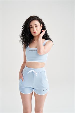 Kadın Crop Büstiyerli Pijama Takımı Mavi