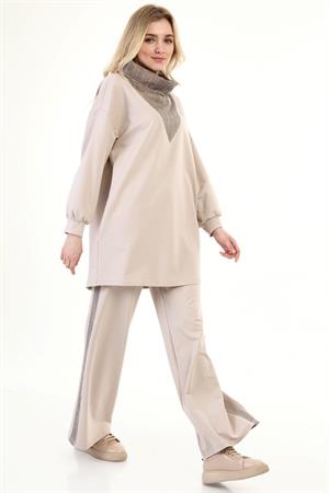 Kadın Degaje Yaka File Detay Takım Beige