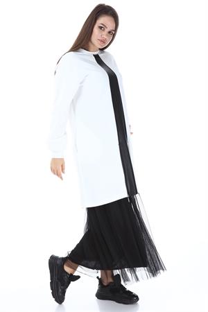 Kadın Deri Detay Elbise Ekru