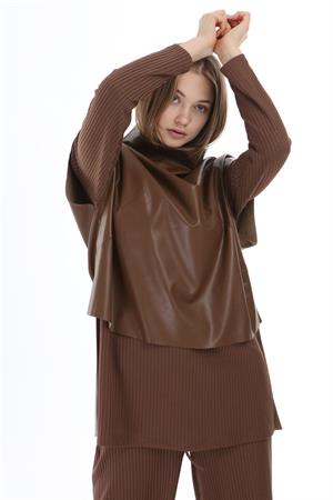Kadın Deri Detay Üçlü Takım Kahve