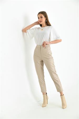 Kadın Deri Pantolon Beige