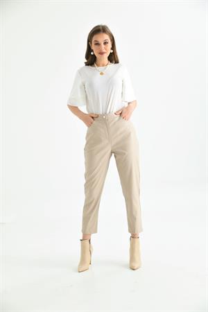Kadın Deri Pantolon Beige
