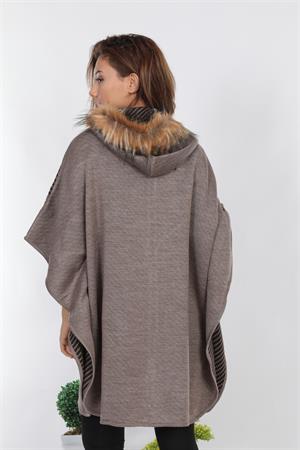 Kadın Desenli Kapşonlu Panço Beige