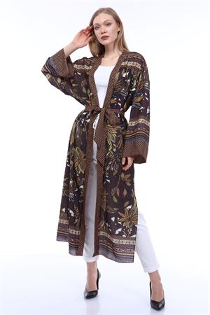 Kadın Desenli Kimono Kahve