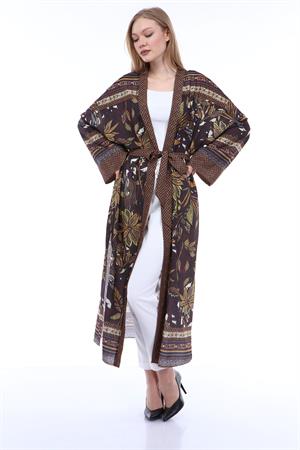 Kadın Desenli Kimono Kahve
