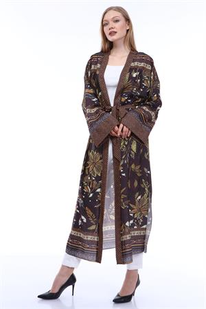 Kadın Desenli Kimono Kahve