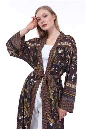 Kadın Desenli Kimono Kahve