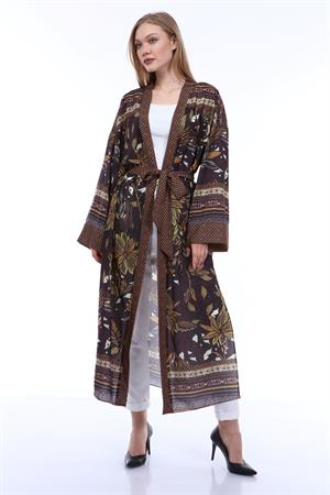 Kadın Desenli Kimono Kahve