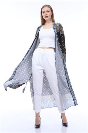 Kadın Desenli Kimono Mavi