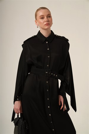 Kadın Doğal Elyaf Pelerin Elbise Siyah