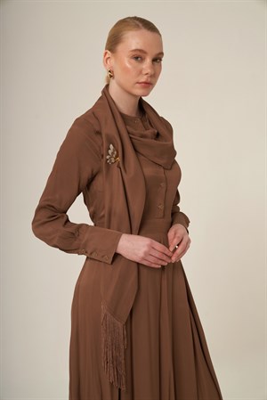 Kadın Doğal Elyaf Şal Detay Elbise Kahve