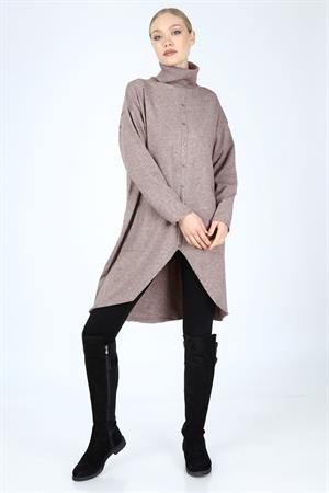 Kadın Düğme Detay Boğazlı Tunik Beige