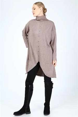 Kadın Düğme Detay Boğazlı Tunik Beige