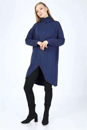Kadın Düğme Detay Boğazlı Tunik İndigo