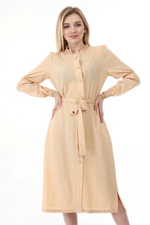 Kadın Düğme Detaylı Boydan Elbise Beige