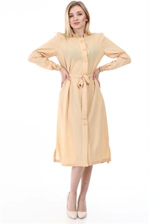 Kadın Düğme Detaylı Boydan Elbise Beige