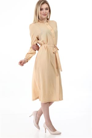 Kadın Düğme Detaylı Boydan Elbise Beige