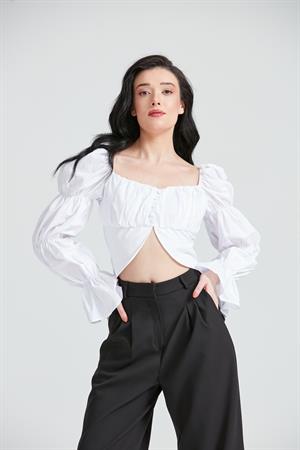 Kadın Düğme Detaylı Crop Bluz Beyaz