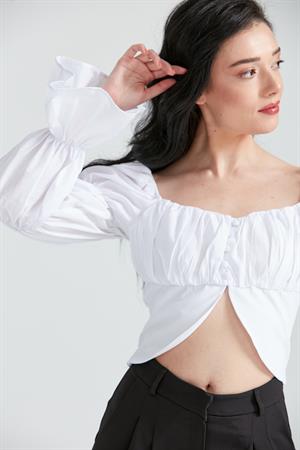 Kadın Düğme Detaylı Crop Bluz Beyaz