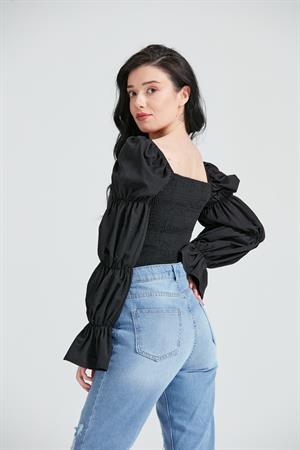 Kadın Düğme Detaylı Crop Bluz Siyah