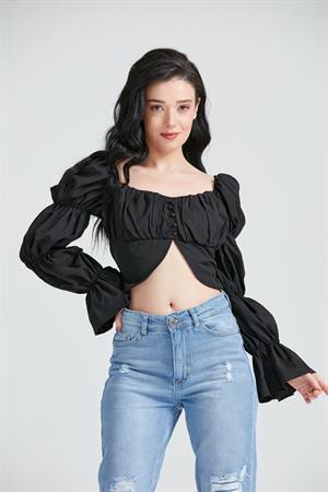Kadın Düğme Detaylı Crop Bluz Siyah