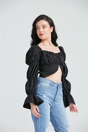 Kadın Düğme Detaylı Crop Bluz Siyah