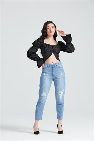 Kadın Düğme Detaylı Crop Bluz Siyah