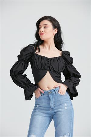Kadın Düğme Detaylı Crop Bluz Siyah