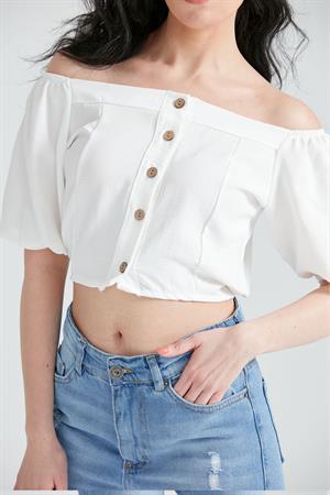 Kadın Düğme Detaylı Gömlek Crop Bluz Beyaz