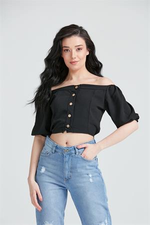 Kadın Düğme Detaylı Gömlek Crop Bluz Siyah