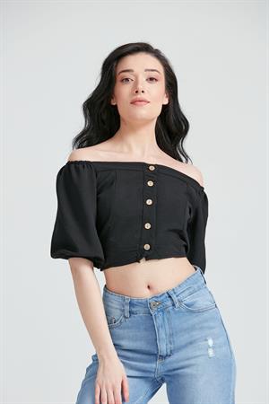 Kadın Düğme Detaylı Gömlek Crop Bluz Siyah
