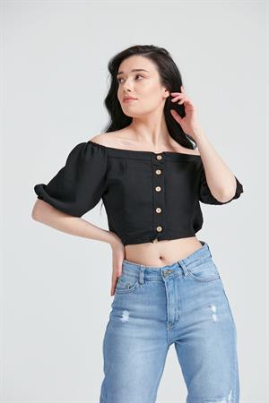 Kadın Düğme Detaylı Gömlek Crop Bluz Siyah