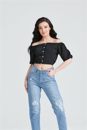 Kadın Düğme Detaylı Gömlek Crop Bluz Siyah