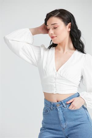 Kadın Dügmeli Crop Bluz Beyaz