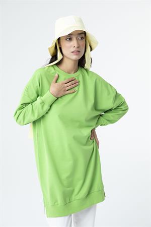 Kadın Düz Renk Ara Boy Sweat Tunik Çimen Yeşil