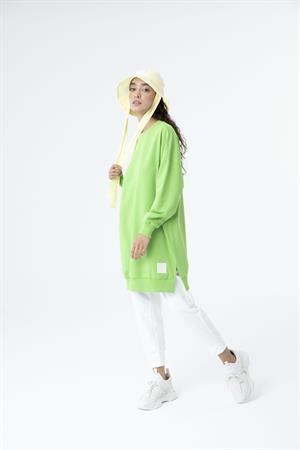 Kadın Düz Renk Ara Boy Sweat Tunik Çimen Yeşil
