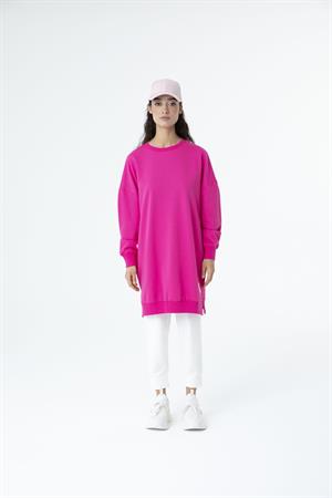 Kadın Düz Renk Ara Boy Sweat Tunik Fuşya