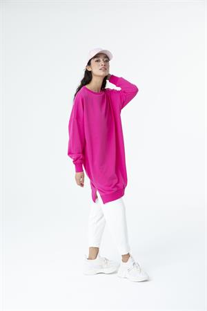 Kadın Düz Renk Ara Boy Sweat Tunik Fuşya