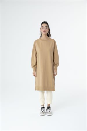 Kadın Düz Renk Uzun Boy Sweat Tunik Beige