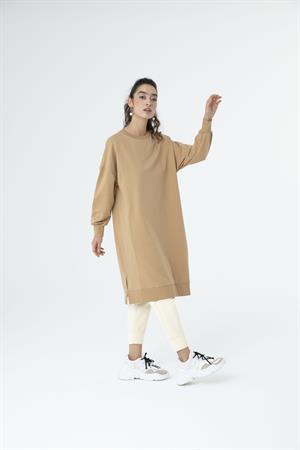 Kadın Düz Renk Uzun Boy Sweat Tunik Beige