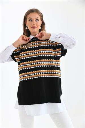 Kadın Etnik Desen Gömlekli Takım Siyah