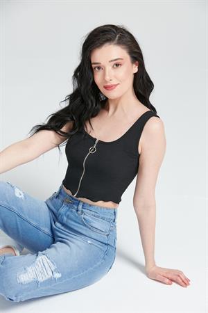 Kadın Fermuar Detay Crop Top Büstiyer Siyah