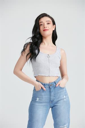Kadın Fermuar Detay Crop Top Büstiyer Gri