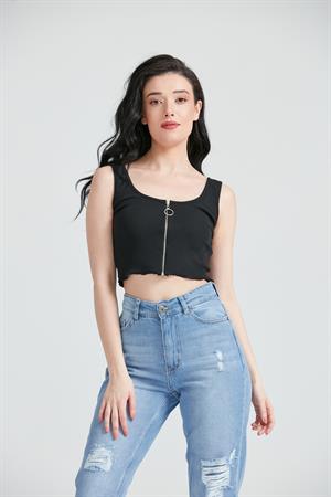 Kadın Fermuar Detay Crop Top Büstiyer Siyah