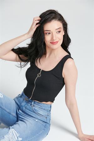 Kadın Fermuar Detay Crop Top Büstiyer Siyah