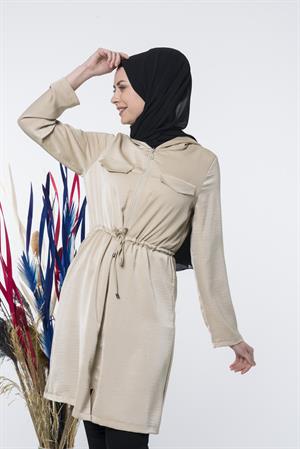 Kadın Fermuarlı Kapşonlu Giy Çık Kap Camel