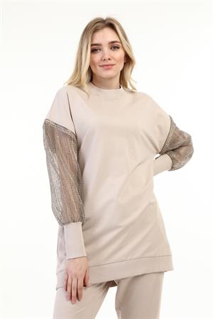 Kadın File Kol Detay Takım Beige