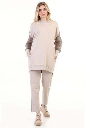 Kadın File Kol Detay Takım Beige