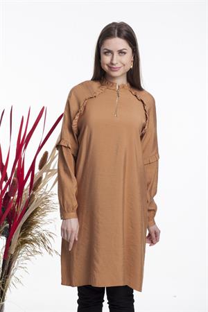 Kadın Fırfır Detaylı Fermuarlı Tunik Camel